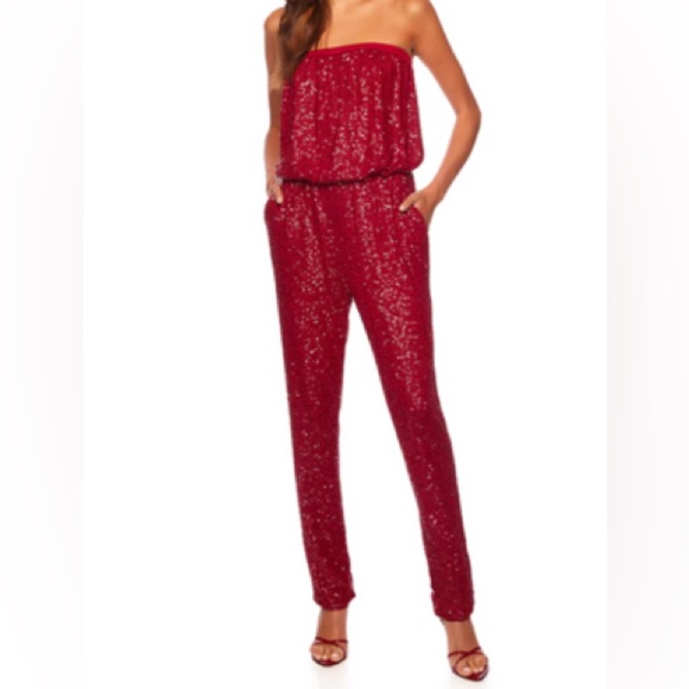 Susana Monaco Red Sequin Strapless Jumpsuit